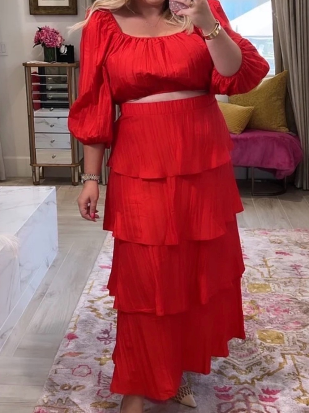 Show Me Your MuMu Red Tiered Maxi Skirt + Cropped Peasant Blouse Matching Set